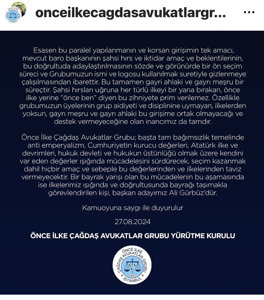 avglsmtt's tweet photo. @onceilkecag2018 @Avukataligurbuz @avelifcaliskan @AvCanselTuna @keremdonat @ilgezdi @avelifcaliskan @av_didem @OZLEMAKSUNGAR 
KAMUOYUNA DUYURU
PARALEL BİR OLUŞUMUN, GRUBUMUZUN ADINI VE LOGOSUNU KULLANARAK SÖZDE VE KORSAN ÖNSEÇİM ALDATMACASI YOK HÜKMÜNDEDİR! https://t.co/yVoHUpJERu
