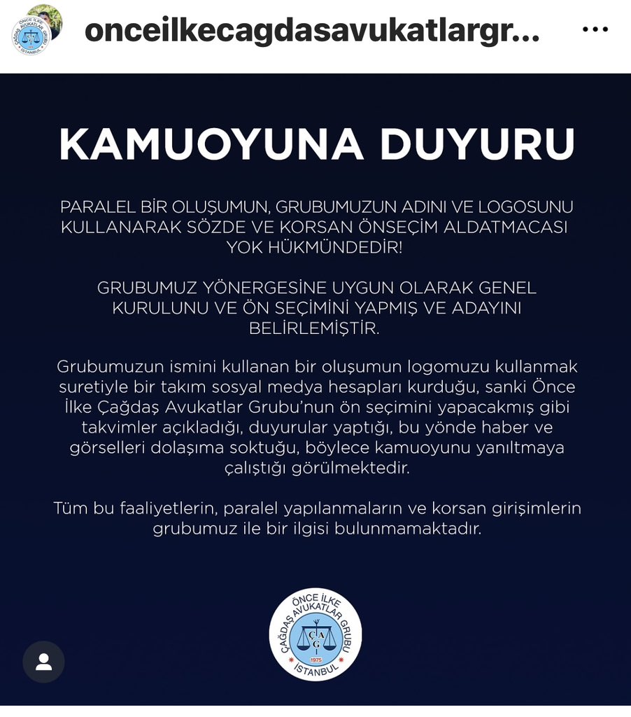 avglsmtt's tweet photo. @onceilkecag2018 @Avukataligurbuz @avelifcaliskan @AvCanselTuna @keremdonat @ilgezdi @avelifcaliskan @av_didem @OZLEMAKSUNGAR 
KAMUOYUNA DUYURU
PARALEL BİR OLUŞUMUN, GRUBUMUZUN ADINI VE LOGOSUNU KULLANARAK SÖZDE VE KORSAN ÖNSEÇİM ALDATMACASI YOK HÜKMÜNDEDİR! https://t.co/yVoHUpJERu
