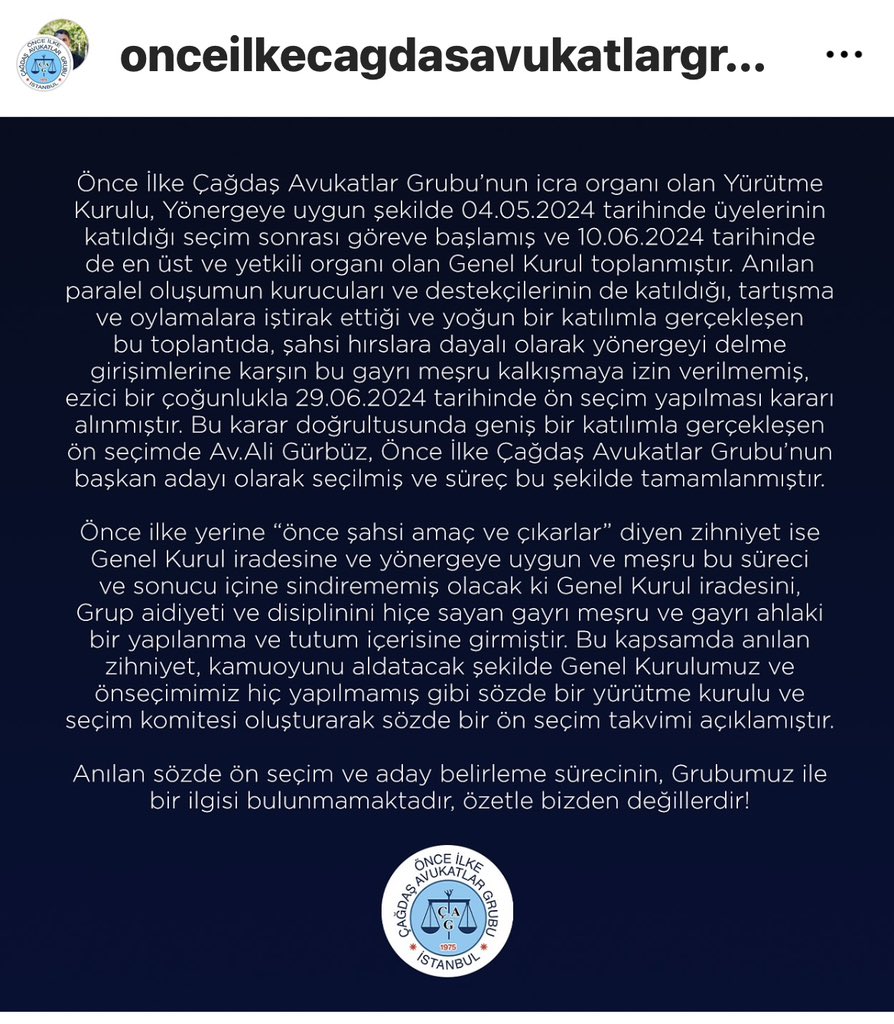 avglsmtt's tweet photo. @onceilkecag2018 @Avukataligurbuz @avelifcaliskan @AvCanselTuna @keremdonat @ilgezdi @avelifcaliskan @av_didem @OZLEMAKSUNGAR 
KAMUOYUNA DUYURU
PARALEL BİR OLUŞUMUN, GRUBUMUZUN ADINI VE LOGOSUNU KULLANARAK SÖZDE VE KORSAN ÖNSEÇİM ALDATMACASI YOK HÜKMÜNDEDİR! https://t.co/yVoHUpJERu