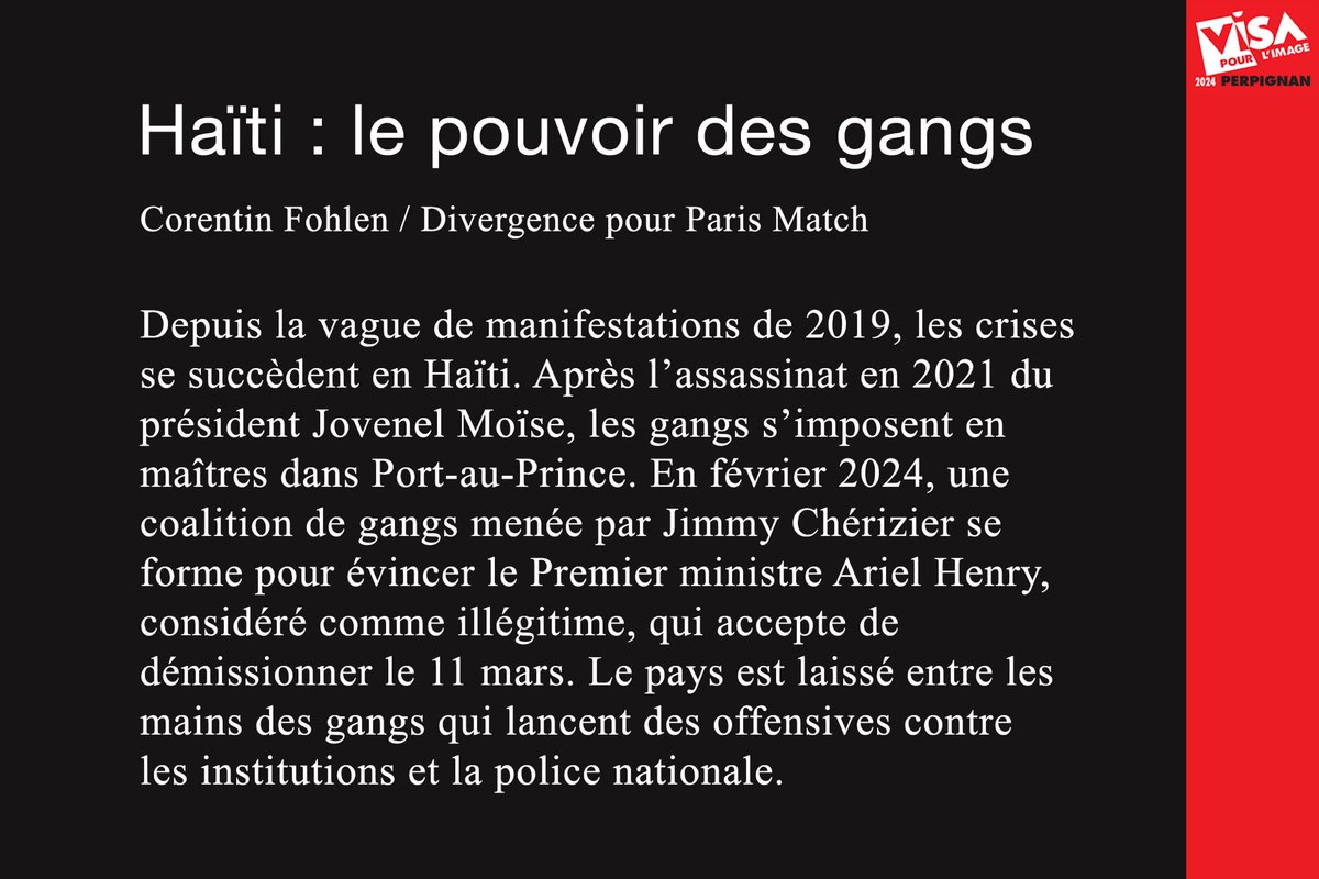 Visapourlimage's tweet image. #visapourlimage2024 : « Haïti : le pouvoir des gangs » par @CorentinFohlen / Divergence pour @ParisMatch.

Depuis la vague de manifestations de 2019, les crises se succèdent en Haïti.

📍Ancienne Université, Perpignan
🔗 visapourlimage.com/festival/exhib…