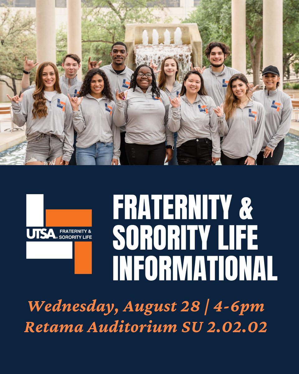 Tomorrow is our Fraternity &amp; Sorority Life Informational! Join us to learn all about fall recruitment: bit.ly/3YpYT1r

<a href="/UTSAGetInvolved/">UTSA Student Involvement Center</a> 
<a href="/UTSAIFC/">UTSA IFC</a>
@UTSAMGC
<a href="/UTSANPHC/">UTSA D9</a>
<a href="/UTSAPHC/">UTSA Panhellenic</a>