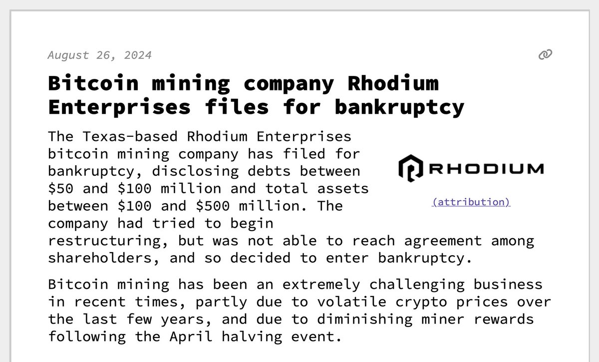 Bitcoin mining company Rhodium Enterprises files for bankruptcy August 26,  2024