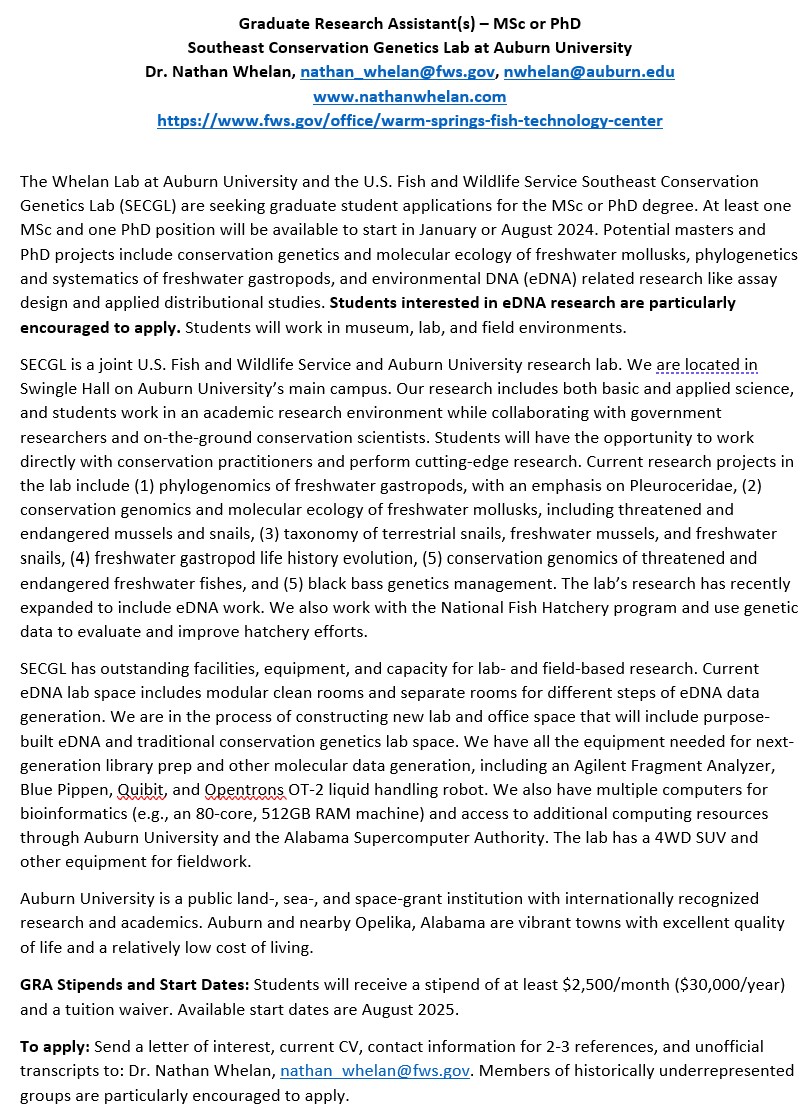 I am recruiting Masters and Ph.D. students to work in my lab at Auburn University!

Come join a dynamic research lab working on topics ranging from freshwater snail taxonomy to environmental DNA (eDNA) research.

nathanwhelan.com/assests/GRA_Re…