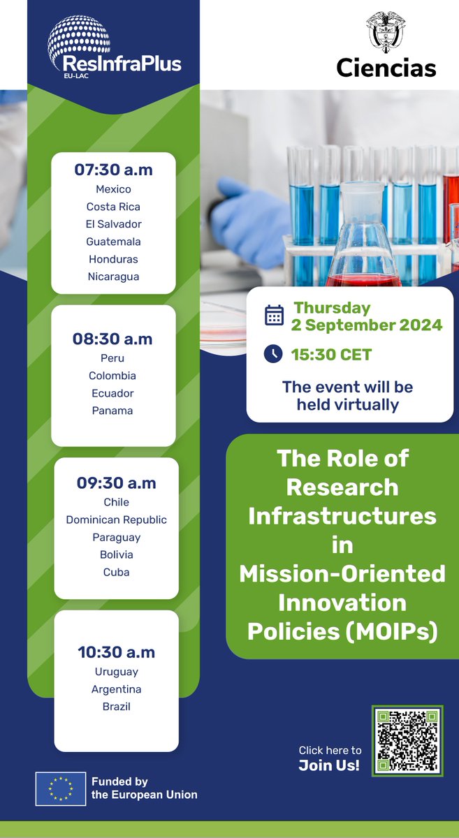 RedLAC NCP (@ncpredlac) on Twitter photo We invite, to the webinar organized by <a href="/ResInfraEULAC/">EU-LAC ResInfra Plus</a> <a href="/MincienciasCo/">MinCiencias Colombia</a>, where experts will share best practices for integrating research infrastructures in MOIPs frameworks, also the importance of collaboration between LAC and EU.
2/9/2024 - 15:30 CET lnkd.in/dWG7Y9XR We invite, to the webinar organized by <a href="/ResInfraEULAC/">EU-LAC ResInfra Plus</a> <a href="/MincienciasCo/">MinCiencias Colombia</a>, where experts will share best practices for integrating research infrastructures in MOIPs frameworks, also the importance of collaboration between LAC and EU.
2/9/2024 - 15:30 CET lnkd.in/dWG7Y9XR