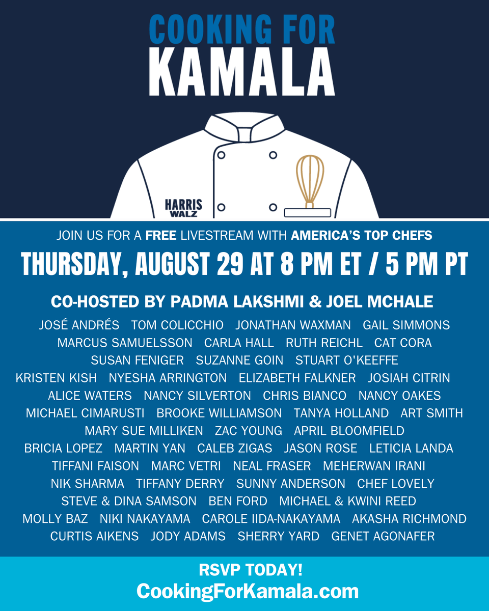 The COOKING FOR KAMALA chef list is growing!!!

Tune in for a FREE live video call on Thursday, August 29 at 8:00PM ET! We’ll be making some of Kamala's favorite recipes and sharing cooking tips, plus giving away signed cookbooks, meet and greets, and more to top contributors!