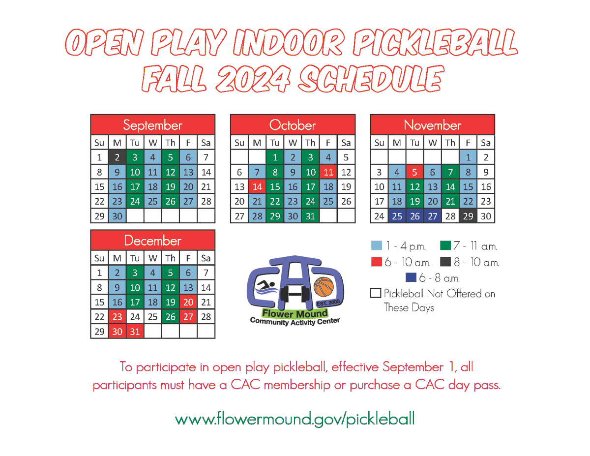 Open play Pickleball hours are expanding! Starting Sep. 1, Pickleball will be offered 5 days a week &amp; will be open to anyone to play with the purchase of a CAC day pass or a CAC membership. View the Pickleball schedule below &amp; visit bit.ly/3ACt1N for more information.
