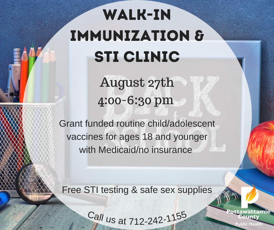 PottCoPHD's tweet image. Our Evening Walk-in Clinic is today from 4:30pm-6:30! Stop by our clinic if you are in need of:
🩹 Routine adolescent vaccines for ages 18 and younger with Medicaid/no insurance
📋 STI testing and safe sex supplies
👪 Family Planning, Title X services
