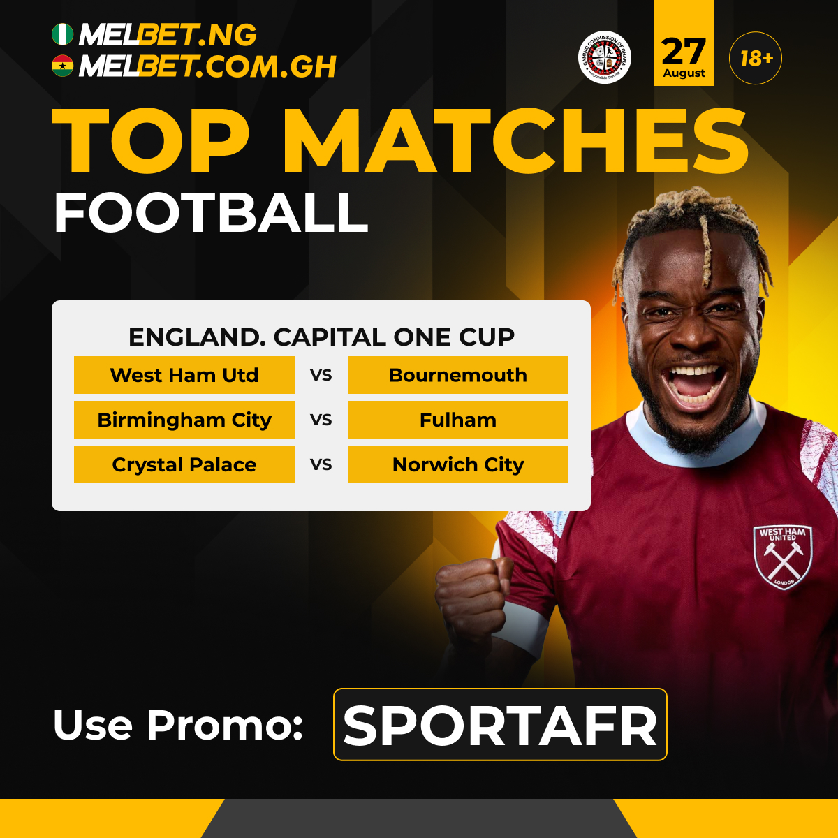 sportafrica2024's tweet photo. 🏴#CapitalOneCup
Booking Code already in my Telegram➡️https://t.co/KOiXXhC2tM
Increase #WelcomeBonus up to 300 000 NGN/2 700 GHS with #PromoCode 👉🏾SPORTAFR
#WestHamUtd #Bournemouth #BirminghamCity #Fulham #CrystalPalace #NorwichCity https://t.co/eWdtUQ4KkH