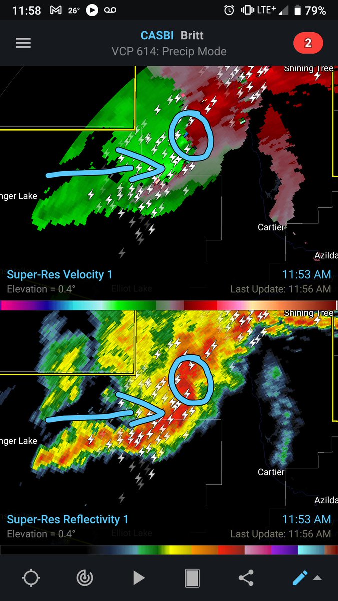 ONTRadarWatch's tweet photo. High winds by the arrow head and embedded rotation in the circle in this bowing segment heading west looks to be passing north of #Cartier in the next hour. It's severe warned already but be prepared if you are in this vicinity this one's a rather large and strong storm. https://t.co/YEIIh4Xtld
