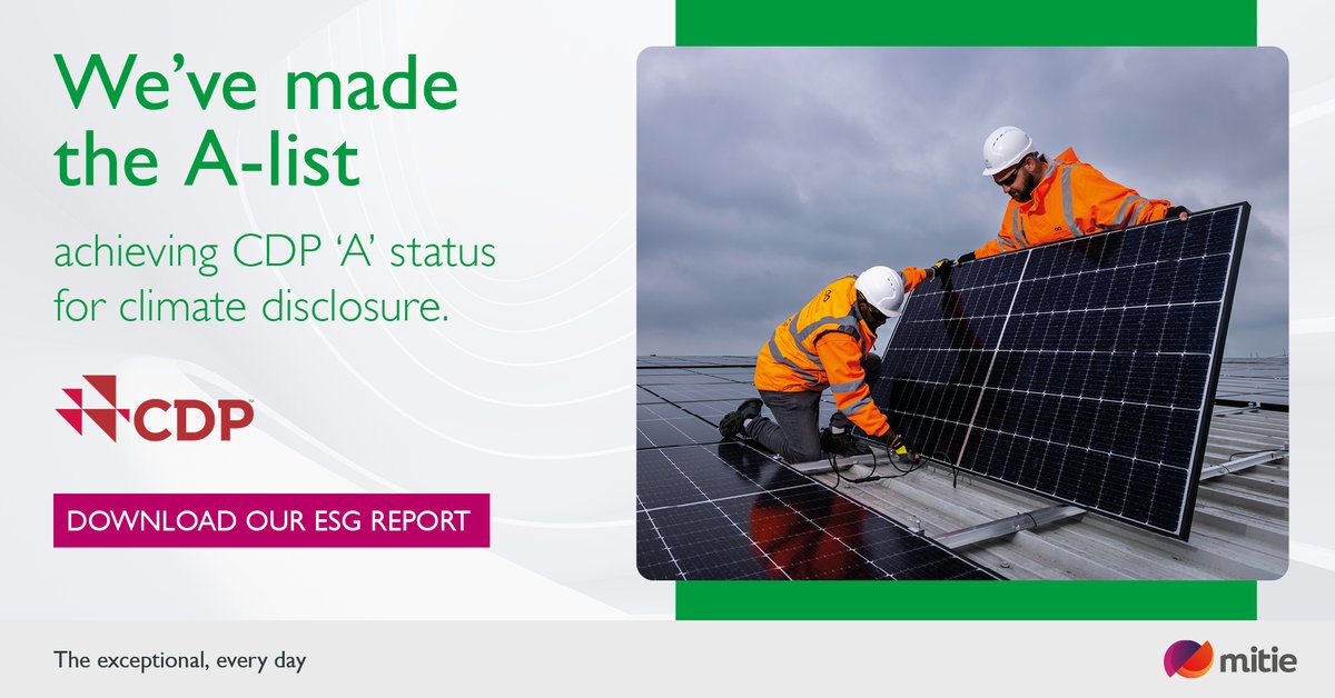 mitie's tweet image. Mitie is proud to have made the A-list – achieving CDP ‘A’ status for climate disclosure. 

With the 2030 UK deadline for a 68% reduction in carbon emissions, we’re helping customers accelerate their sustainability strategies too.

Read our #ESGReport &amp;gt; hubs.ly/Q02K7pkp0