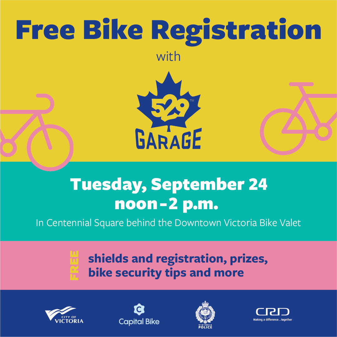 CityOfVictoria's tweet image. If you haven&apos;t registered your bike with @Project529BC yet, your chance is coming up! Stop by the Downtown Victoria Bike Valet on Tuesday, September 24 from noon-2 p.m. for a free shield &amp;amp; registration - learn more at 529reg.eventbrite.ca. #EndBikeTheft