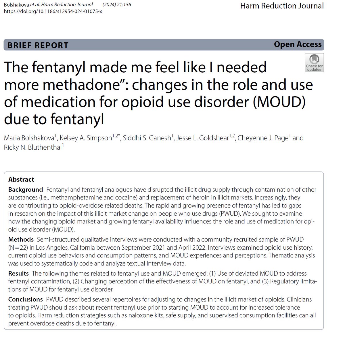 Ricky N. Bluthenthal (@rnbluthenthal) on Twitter photo New publication alert. Available at harmreductionjournal.biomedcentral.com/articles/10.11ā¦
by <a href="/DrBolshakova/">Maria Bolshakova</a> <a href="/Dr_Simpson_/">Kelsey A Simpson, PhD</a> @SidSGanesh <a href="/jesselloyd_g/">jesse lloyd/××©× ×ר××</a> & <a href="/RNBluthenthal/">Ricky N. Bluthenthal</a>
Underscores another way that fentanyl is changing treatment and risk environment for people who use drugs New publication alert. Available at harmreductionjournal.biomedcentral.com/articles/10.11ā¦
by <a href="/DrBolshakova/">Maria Bolshakova</a> <a href="/Dr_Simpson_/">Kelsey A Simpson, PhD</a> @SidSGanesh <a href="/jesselloyd_g/">jesse lloyd/××©× ×ר××</a> & <a href="/RNBluthenthal/">Ricky N. Bluthenthal</a>
Underscores another way that fentanyl is changing treatment and risk environment for people who use drugs
