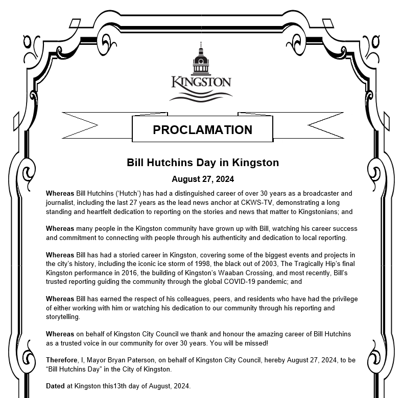 🎉Today is “Bill Hutchins Day”🎉

For over 30 years, Bill has been the heartbeat of CKWS-TV, anchoring with unmatched dedication and authenticity. Join me in celebrating Bill’s incredible journey and the mark he's left in Kingston. Thanks for being a part of our lives and stories