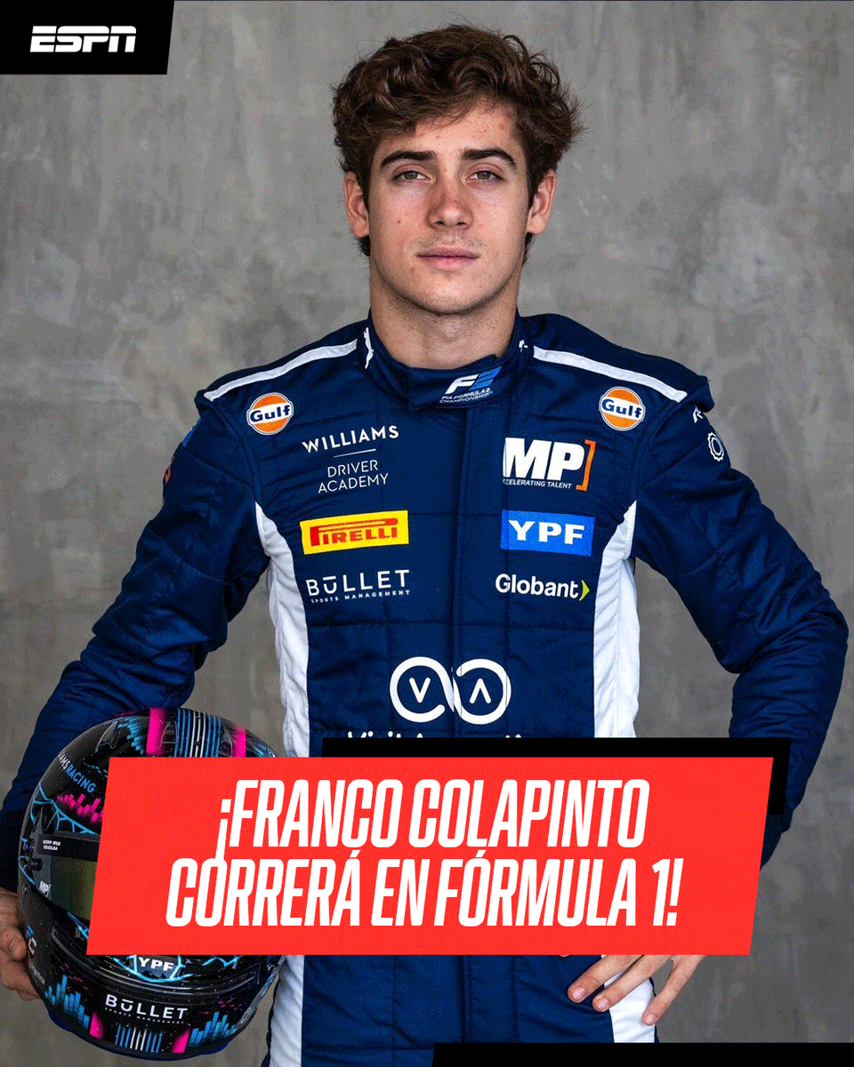 ESPNArgentina's tweet photo. HISTORIA PURA PARA LA ARGENTINA: ¡FRANCO COLAPINTO CORRERÁ EN LA #FÓRMULA1! 🙌🇦🇷  

🏎️🔥 El piloto nacido en Pilar (provincia de Buenos Aires), tomará el lugar que deja vacante Logan Sargeant en Williams. 

➡️ Competirá en las 9 carreras que restan de la temporada. https://t.co/aYmGoVyhya