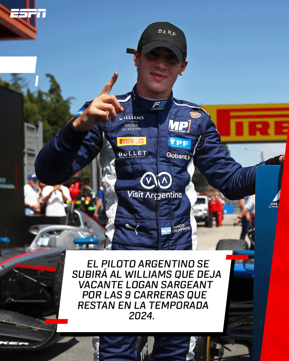 ESPNArgentina's tweet photo. HISTORIA PURA PARA LA ARGENTINA: ¡FRANCO COLAPINTO CORRERÁ EN LA #FÓRMULA1! 🙌🇦🇷  

🏎️🔥 El piloto nacido en Pilar (provincia de Buenos Aires), tomará el lugar que deja vacante Logan Sargeant en Williams. 

➡️ Competirá en las 9 carreras que restan de la temporada. https://t.co/aYmGoVyhya