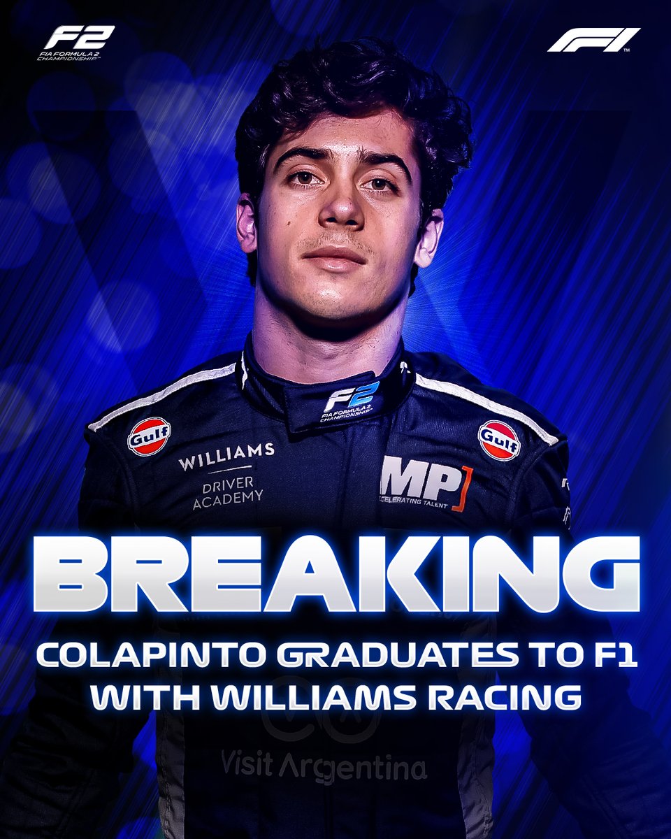 Formula 2 (@formula2) on Twitter photo BREAKING: <a href="/FranColapinto/">Franco Colapinto</a> steps up to <a href="/F1/">Formula 1</a> with <a href="/WilliamsRacing/">Atlassian Williams Racing</a> for the remainder of the 2024 season 🪜
Go get 'em, Franco! 🇦🇷
#F2 #RoadToF1 BREAKING: <a href="/FranColapinto/">Franco Colapinto</a> steps up to <a href="/F1/">Formula 1</a> with <a href="/WilliamsRacing/">Atlassian Williams Racing</a> for the remainder of the 2024 season 🪜
Go get 'em, Franco! 🇦🇷
#F2 #RoadToF1