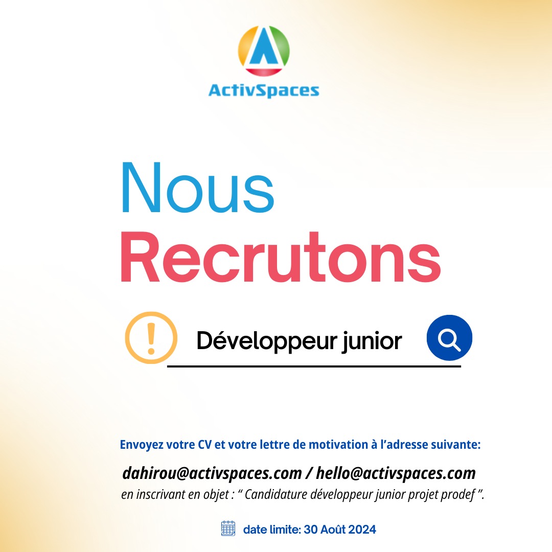 🎯𝗔𝘃𝗶𝘀 𝗱𝗲 𝗿𝗲𝗰𝗿𝘂𝘁𝗲𝗺𝗲𝗻𝘁 :🧑‍💻 𝐃𝐞́𝐯𝐞𝐥𝐨𝐩𝐩𝐞𝐮𝐫 𝐉𝐮𝐧𝐢𝐨𝐫

🛎️𝐏𝐫𝐨𝐟𝐢𝐥 :
Êtes-vous passionnés et expérimentés dans le développement Web ? Êtes vous prêt à relever de nouveaux défis stimulants dans votre carrière professionnelle ?
Ce poste est le votre !
