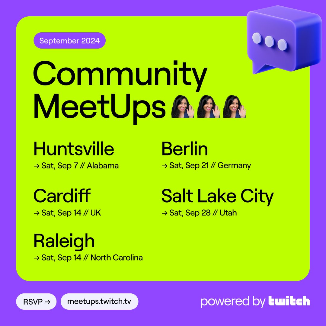 It's almost September. You know what that means? More Community MeetUps, powered by Twitch!

Meet new friends, or catch up with old ones, mingle with Ambassadors, Unity Guild members, and more.
Don't miss out on these community events made by and for the community.