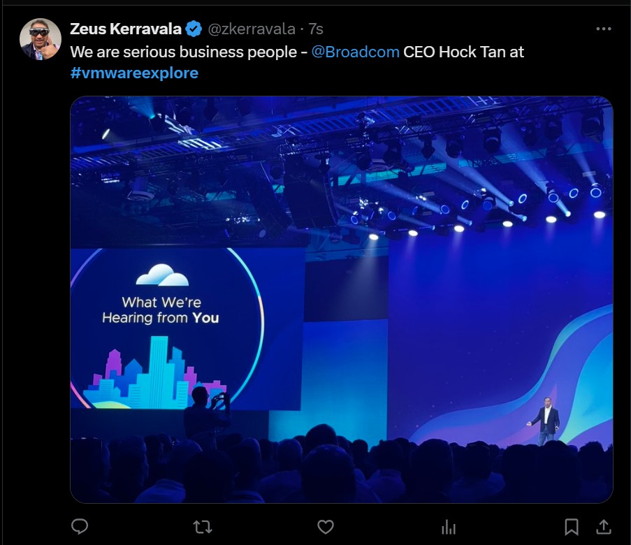 vmblog's tweet photo. .@Broadcom CEO Hock Tan takes the keynote stage. Makes the case for private cloud with @VMware and simplifying things. Talking about expensive data center silos, he says "you are so screwed" with complicated provisioning. #VMwareExplore https://t.co/QVPeXQ1uER