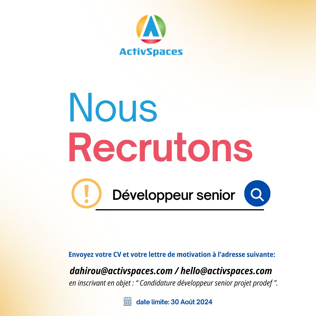 🔊𝗔𝘃𝗶𝘀 𝗱𝗲 𝗿𝗲𝗰𝗿𝘂𝘁𝗲𝗺𝗲𝗻𝘁 :🧑‍💻𝐃𝐞́𝐯𝐞𝐥𝐨𝐩𝐩𝐞𝐮𝐫 𝐒𝐞𝐧𝐢𝐨𝐫
𝐏𝐫𝐨𝐟𝐢𝐥 :
Êtes-vous passionnés et expérimentés dans le développement Web ? Êtes vous prêt à relever de nouveaux défis stimulants dans votre carrière professionnelle ?
Ce poste est le votre !