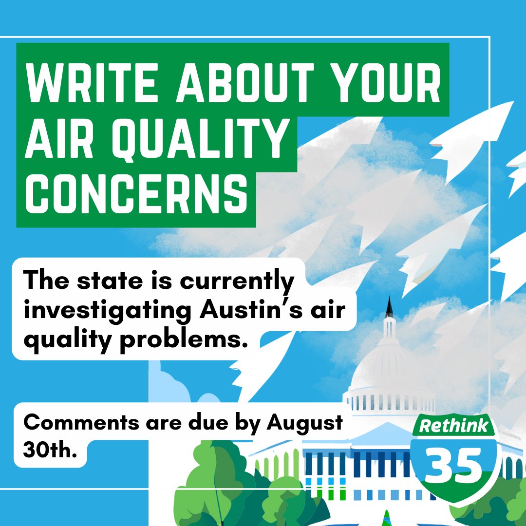 Polluting highways like I-35 are filling our lungs with toxic airborne soot. According to the EPA, current levels in Austin are unsafe for human health. 

The state is investigating - and they need to hear from YOU! Write a quick note by August 30th! 

actionnetwork.org/letters/air-qu…