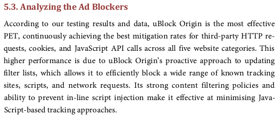 A May 2024 paper measuring effectiveness of four Privacy Enhancing Technology (PET) extensions, uBO being one of them: scirp.org/journal/paperi…