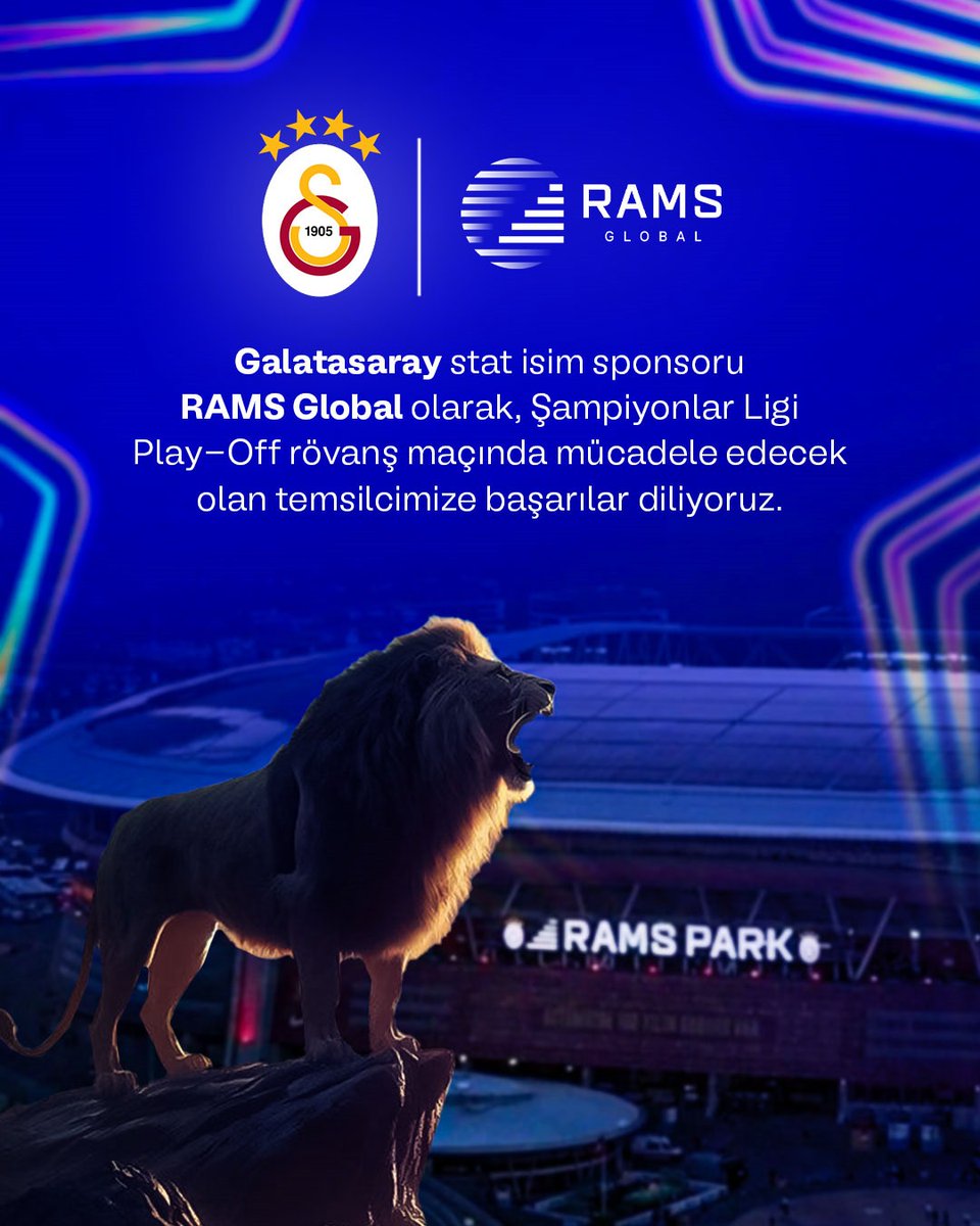 RamsGlobal's tweet photo. Galatasaray stat isim sponsoru RAMS Global olarak, Şampiyonlar Ligi Play-Off rövanş maçında mücadele edecek olan temsilcimize başarılar diliyoruz. https://t.co/1KZEuTxxY4