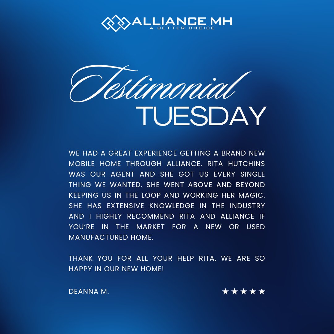 AllianceMH's tweet photo. ⭐⭐⭐⭐⭐

Thank you for sharing your feedback with us, Deanna! Providing five-star service is something we always strive for. Rita an exceptional part of our team, and we look forward to sharing your positive feedback with her. Welcome home! https://t.co/m6hNE1SmIW