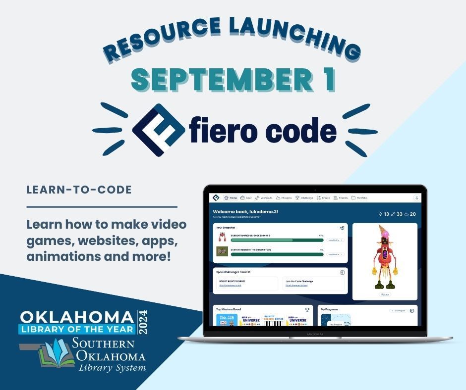 soklibrarysys's tweet image. Fiero Code: Where coding is not just learning, it’s an adventure. Access it through our e-resources and start your quest on September 1st with the Southern Oklahoma Library System! 🚀📚 #CodingQuest #AdventureAwaits