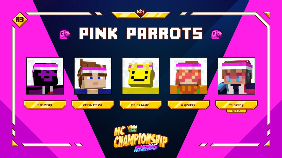👑 Announcing team Pink Parrots 👑

<a href="/ashswagin/">ashswag</a> <a href="/FactsBlock/">Block Facts</a> <a href="/PrinceZamLIVE/">PrinceZam</a> <a href="/therealsquiddo/">🌻Squiddo🌻</a>

And their coach <a href="/feinberg_mc/">Feinberg</a>

Watch them in MCC on Saturday 7th September at 8pm BST!