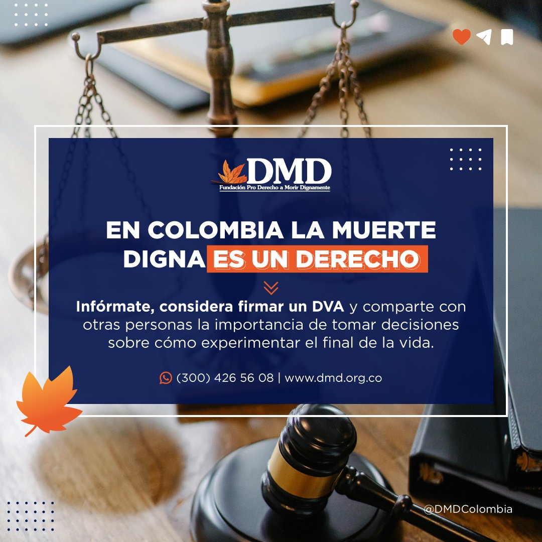 📜 Todas las personas tenemos derecho a vivir y a morir en dignidad. Solo nueve países en el mundo tienen medidas legales para hacer efectivo el derecho a morir dignamente.
¿Sabías que Colombia es uno de ellos?
¡Infórmate sobre tus derechos! 
#MuerteDigna #DerechosHumanos #DMD