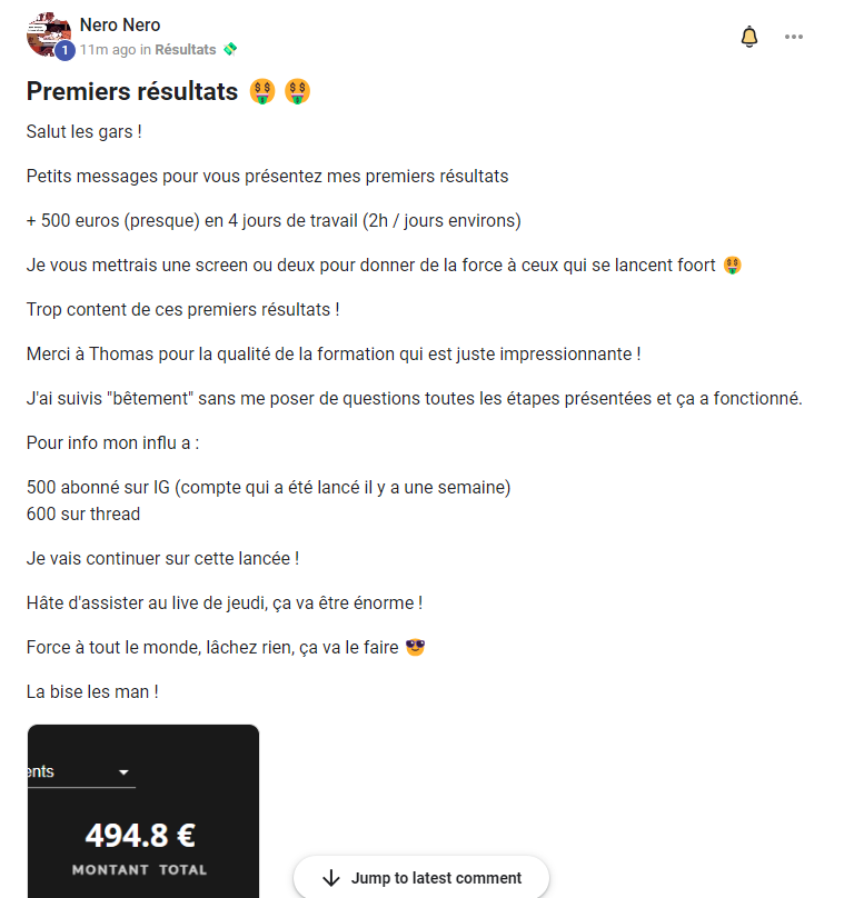 ThomasOfmIA's tweet photo. 494,8 Euros grâce à une influenceuse IA... 💸

(En seulement 4 jours de taff)

C'est ce qu'a générer un membre de la formation avec une seule influenceuse IA.

Le tout en partant de 0. 

Super heureux de voir les membres générer leur premières centaines d'Euros en seulement quelques jour 🥂

Ça annonce du très belles choses pour la suite !

Je vous laisse avec le témoigne de Nero sur notre plateforme Skool 

Car une image vaut mieux que 1000 mots 

Go tout casser avant 2025 💸
___

Si tu veux avoir accès au plan étape par étape pour générer tes premiers 4000 Euros / Mois grâce à 1 Influenceuse IA...  

En partant de 0,  

Check ce liens 👇