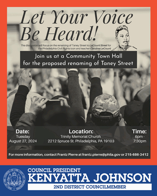 CouncilmemberKJ's tweet image. A push is underway to rename all Taney Streets throughout Philadelphia. We want to hear the opinions of Second District residents on this proposed legislation.
The meeting will happen today (Tuesday) Aug 27 from 6 p.m. to 7:30 p.m. at Trinity Memorial Church, 2212 Spruce St.