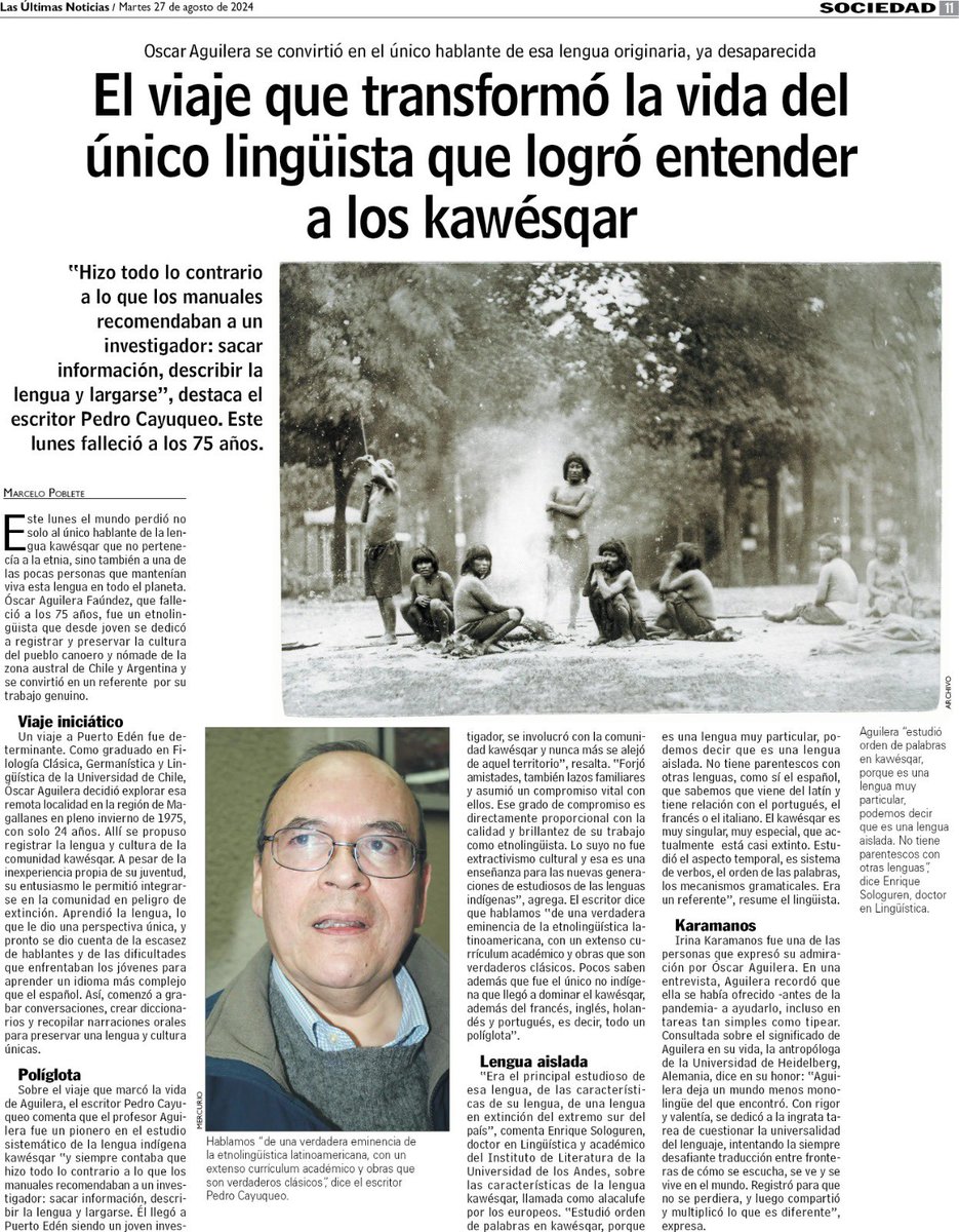 sebamawlen's tweet photo. 📌 El viaje que transformó la vida del lingüista Oscar Aguilera que logró entender a los kawésqar. Falleció a los 75 años.

  “Hizo todo lo contrario a lo que los manuales recomendaban a un investigador: sacar información, describir la lengua y largarse”. @pcayuqueo https://t.co/VG1opZFFpT
