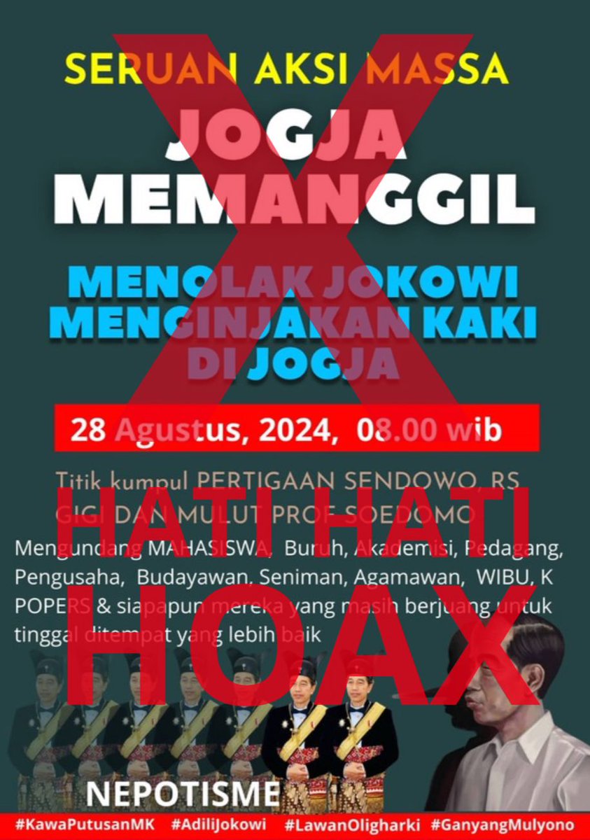 UGMMelawan's tweet photo. ❗️❗️PERINGATAN❗️❗️
Hati-hati dengan informasi/ poster hoax Jogja Memanggil (dan poster aksi lainnya)!!! Selalu pastikan informasi aksi yang kalian dapat berasal dari akun resmi.

#PeringatanDarurat 
#UGMFullMelawan https://t.co/zYWWjD10Ho