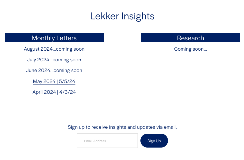 The website is now live lekkercapital.com! Over the next few weeks I will be releasing historical monthly letters and have started with April and May up now on the Insights page. Give them a read and sign up to receive via email.