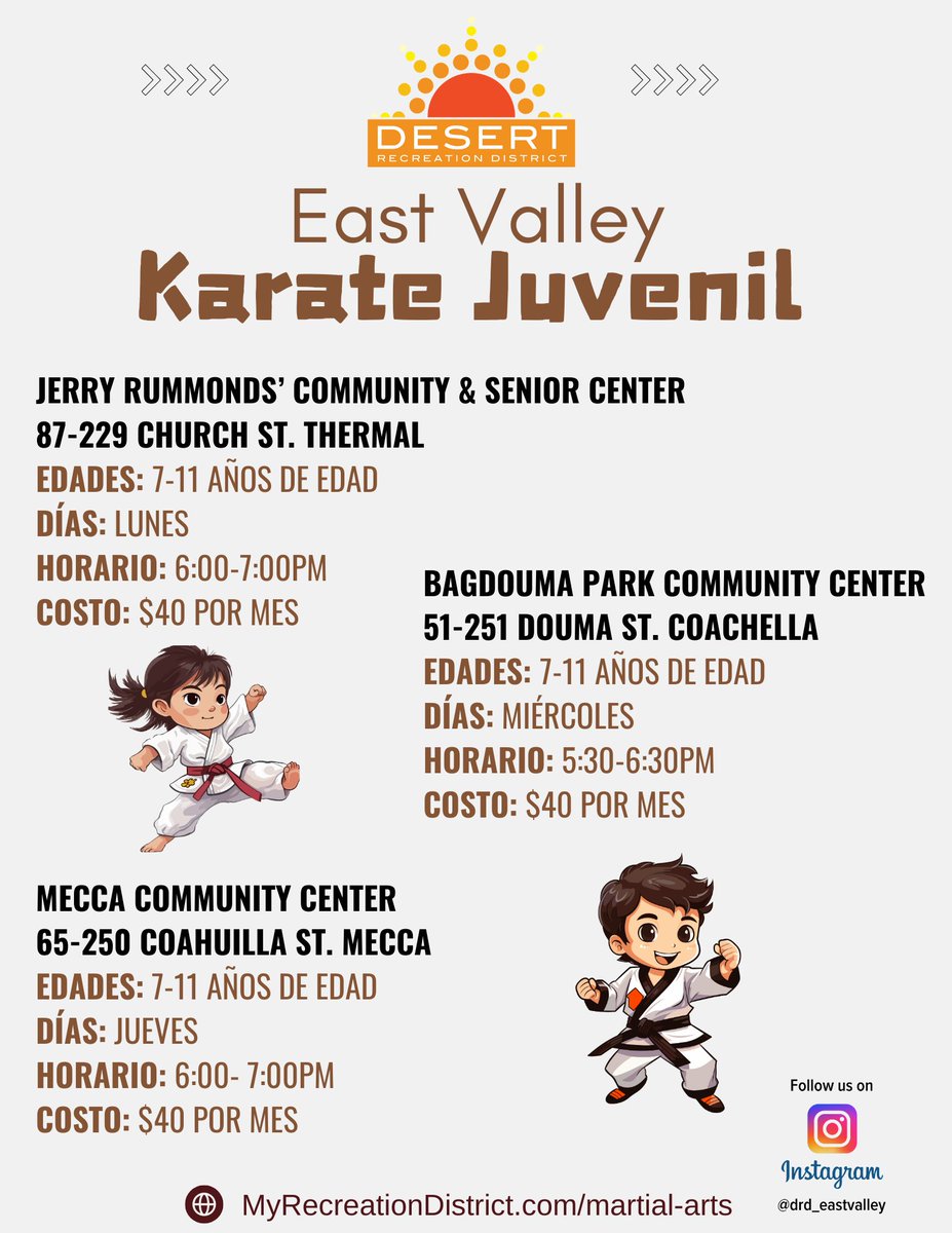 We have East Valley Karate classes in Mecca, Thermal and Coachella.  This class focuses on a combination of traditional martial arts philosophies and strategies. This program is also about gaining self-esteem, discipline, and sportsmanship skills. myrecreationdistrict.com/martial-arts