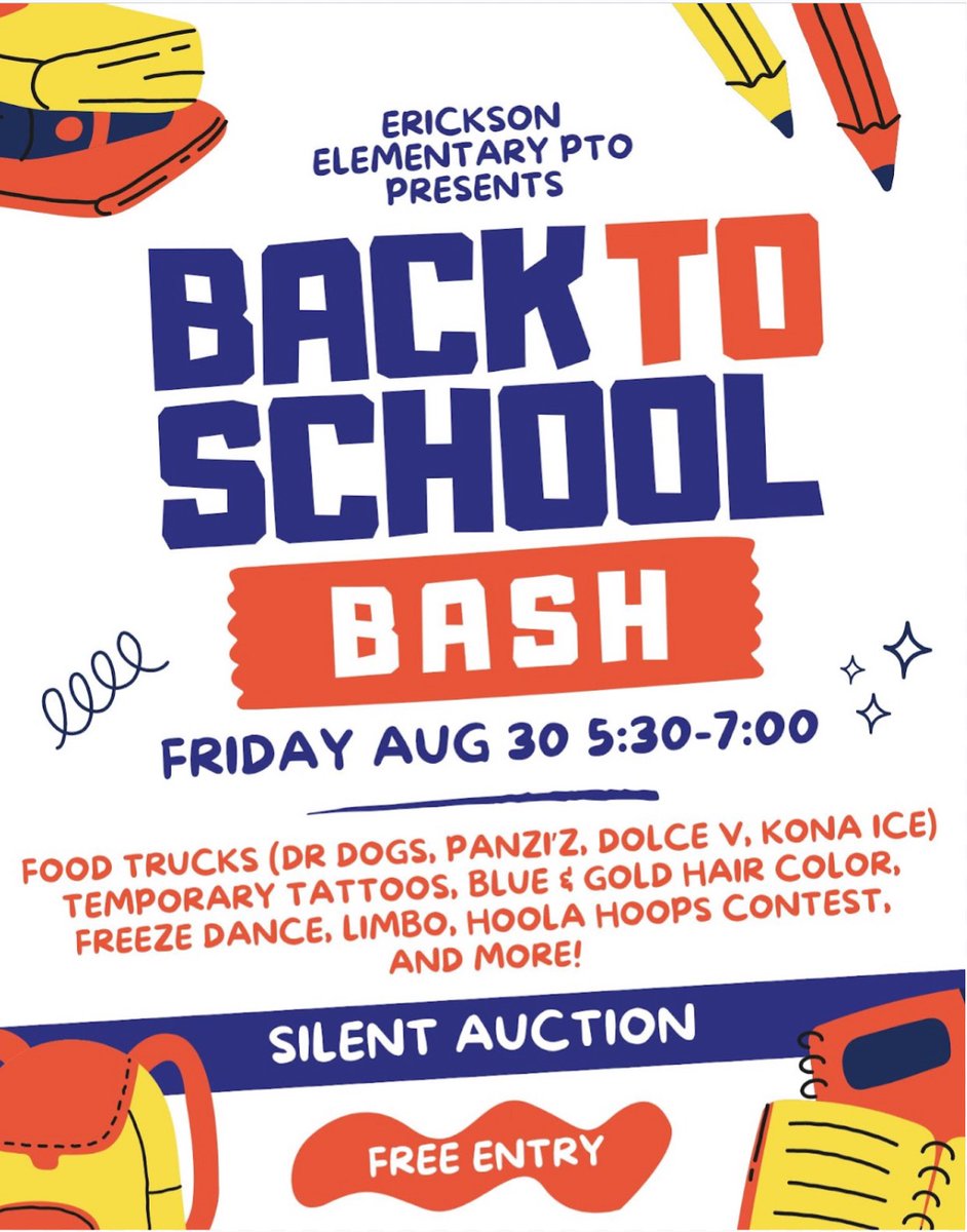 As you're starting to plan for the long weekend, don't forget about the Back to School Bash on Friday evening at 5:30!  Join us for food trucks, games, activities, and a silent auction!