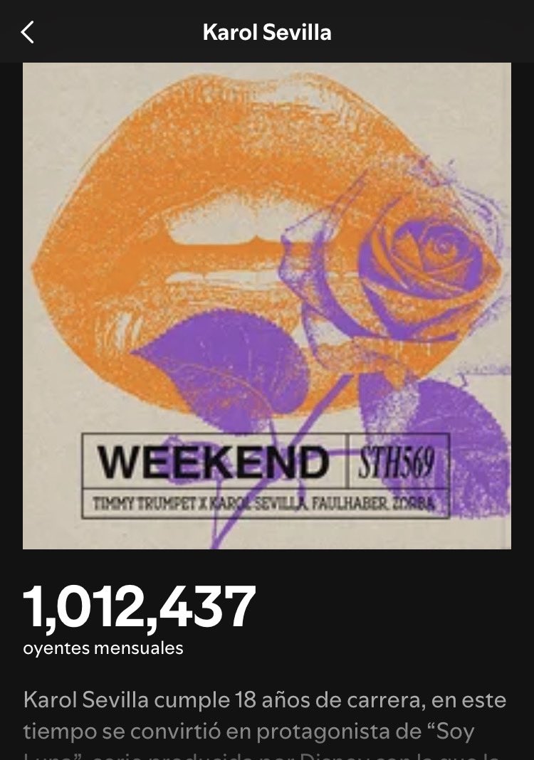 karolstanboy's tweet photo. Karol Sevilla ha alcanzado su primer millón de oyentes mensuales en Spotify por primera vez en su carrera musical, muchas felicidades reina @karolsevilla 👑🔥 https://t.co/dBCvTYM5ae