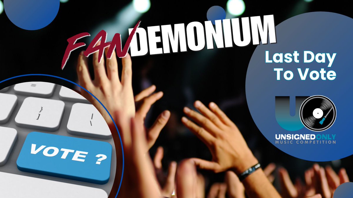 UnsignedOnly's tweet image. The clock’s ticking—today’s the LAST day to vote for Fandemonium! ⏰ Get your votes in for your favorite finalist by midnight (CST) tonight. Don’t miss your chance to help crown the next Unsigned Only winner! 👑🎶  Vote at buff.ly/3X6DSIb 
#unsignedonly #vote #Indiemusic
