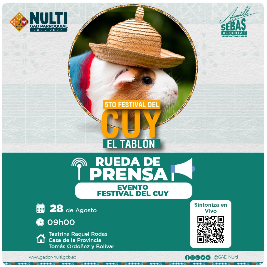 Invitamos a los #medios de #comunicación a la #RuedaDePrensa para dar a conocer los detalles del V Festival del Cuy - El Tablón en la parroquia Nulti. 
<a href="/PRENSAVirtual_/">PRENSA Virtual</a> <a href="/_REDInformativa/">RED Informativa</a> <a href="/cronicacuenca/">Ivan Velesaca</a> <a href="/elmercurioec/">Diario El Mercurio</a> <a href="/eluniversocom/">El Universo</a> <a href="/elcomerciocom/">El Comercio</a> <a href="/UNSIONTV/">UnsionTV</a> <a href="/SebasAuquillaT1/">Sebastián Auquilla Tenesca</a>
