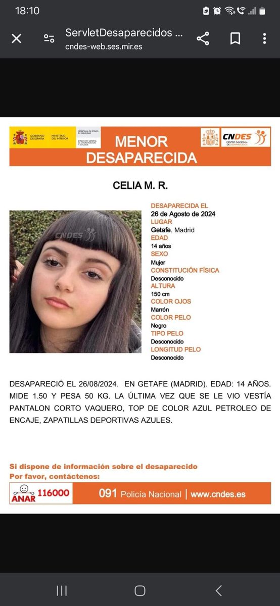 policiapinto's tweet photo. Ayúdanos a encontrar a Celia, desapareció ayer en Getafe🚔👧.

Gracias por compartir 👍 https://t.co/1K9tH5wfy2