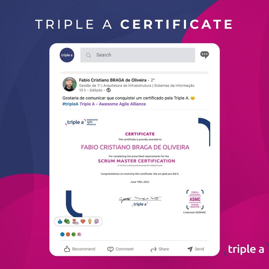 TripleA_Global's tweet image. &quot;Gostaria de comunicar que conquistei um certificado pela Triple A.&quot;

Fábio Cristiano

#scrummaster #scrumguide #multifuncionalidade #equipe #agilidade #agil #trabalho #responsabilidades #produtividade