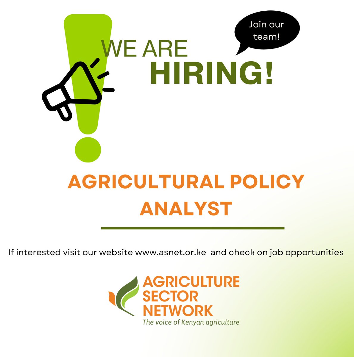 #WeAreHiring 
We are currently hiring an Agricultural Policy Analyst. If you're interested, please visit our website at asnet.or.ke/opportunities/ for more information. Thank you!