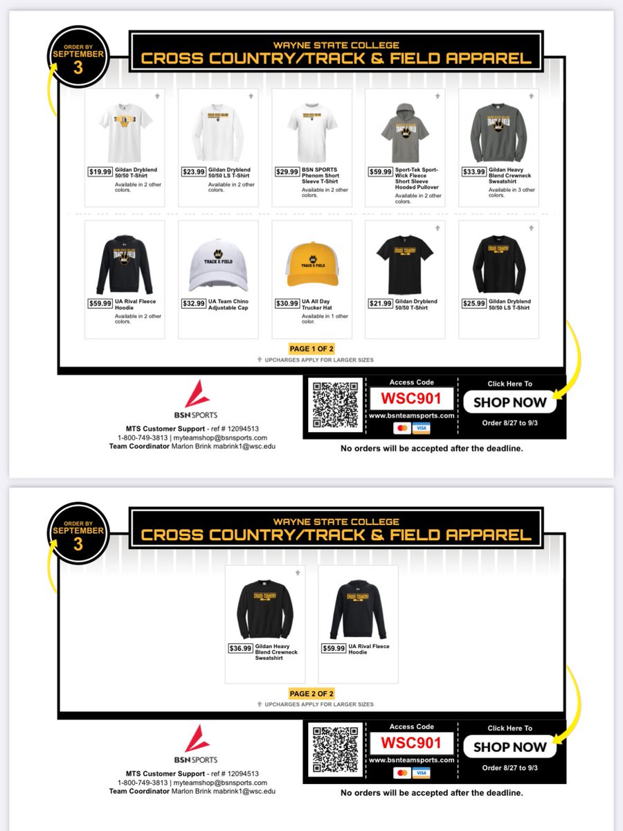 WSCXCTF's tweet photo. WSC TRACK &amp; FIELD/XC team gear sale is going through Monday, Sept. 2.  Help support WSC T&amp;F/XC and get some great gear to wear to meets or just for casual wear! @wscwildcats @wscadmissions @AlumniWSC #GoCats https://t.co/2BEmWaKkdy
