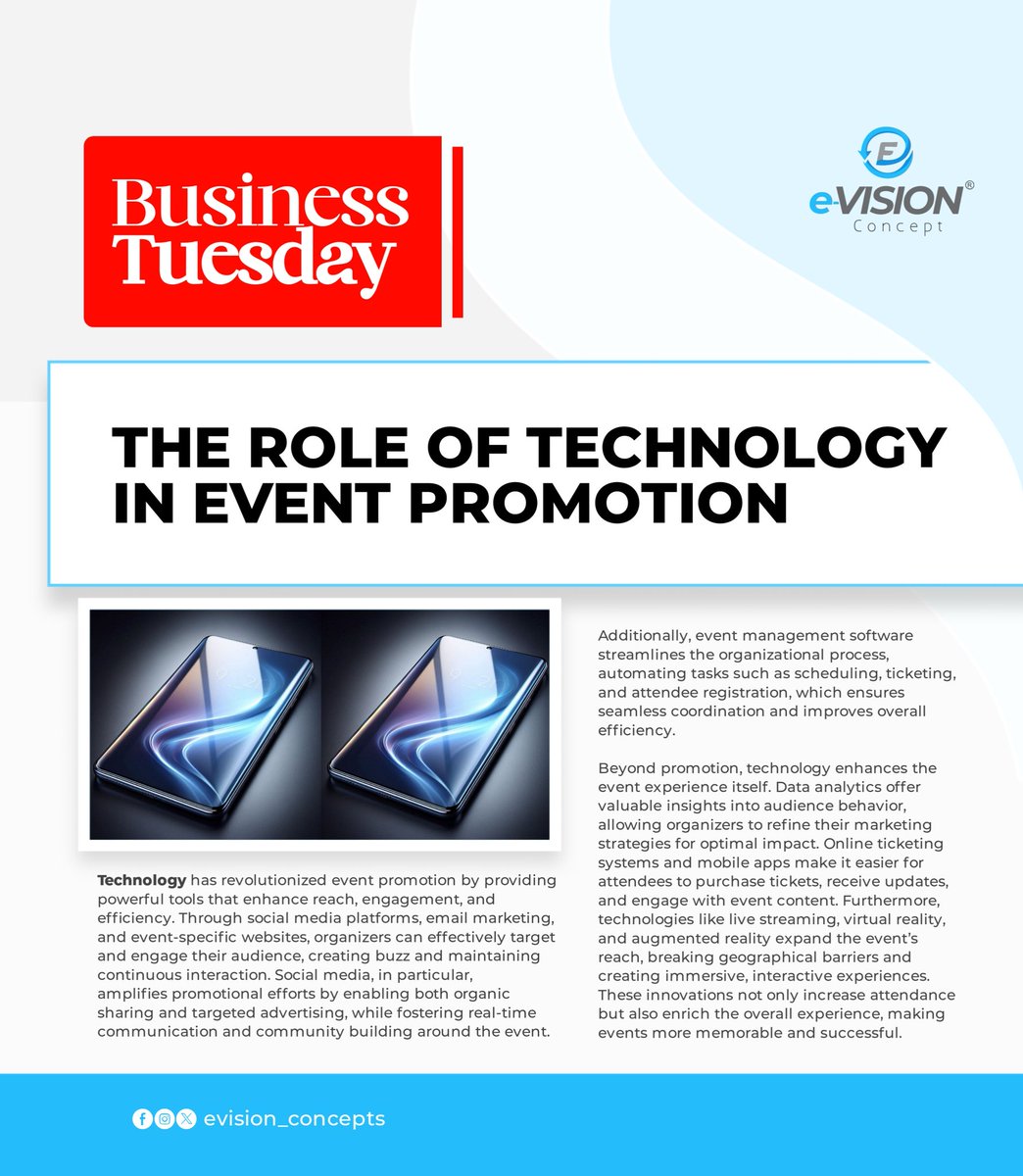 EvisionConcepts's tweet image. Boost your event attendance with technology! At E-Vision Concepts Ltd, we use social media, virtual platforms &amp;amp; more to create immersive experiences. Let us help you take your events to the next level! 

#EventPromotion #TechnologyInEvents #EVisionConceptsLtd