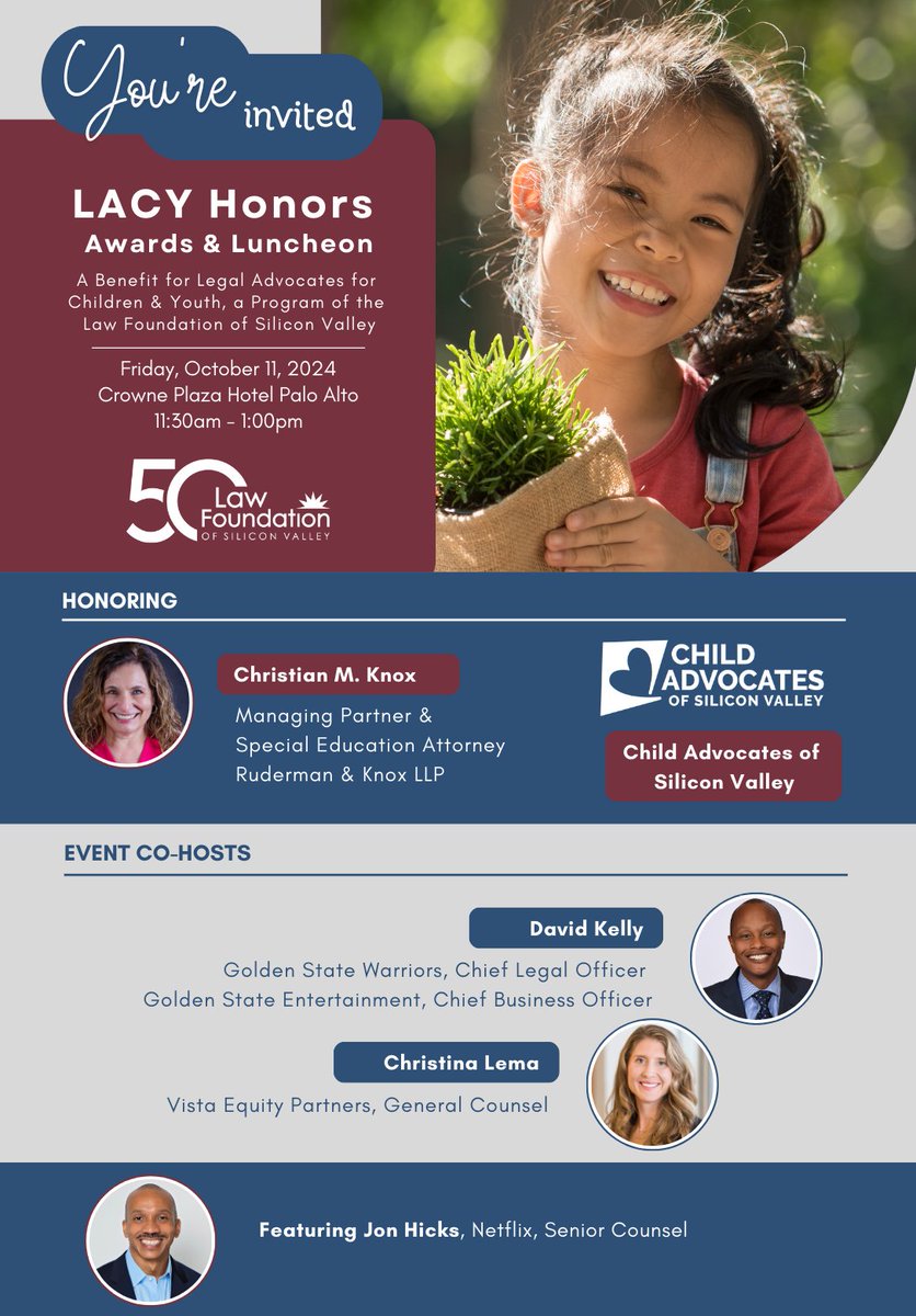 Friday, 10/11, join us in celebrating two extraordinary champions for children  – Christian Knox, Managing Partner &amp; Special Education Attorney at Ruderman &amp; Knox LLP, &amp; Child Advocates of Silicon Valley at our LACY Honors Awards &amp; Luncheon! 

Register: bit.ly/lacyhonors2024