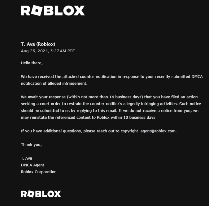 This same group just counter-claimed me and is pressuring me to sue them or have him reinstate the items. I don't have the time or money to be going to court for an obvious rip-off.. <a href="/Roblox/">Roblox</a> You need to do something about this.