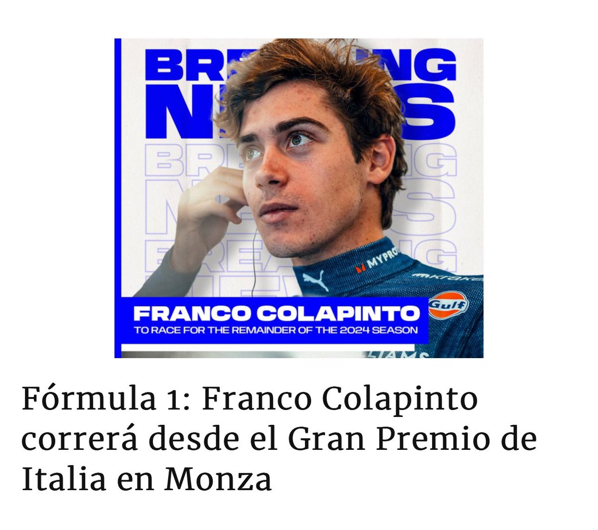 Cadena3Motor's tweet photo. ⚠️ @F1 
➡️ #URGENTE 🇦🇷

Fórmula 1: Franco Colapinto correrá desde el Gran Premio de Italia en Monza. Todos los detalles, aquí👇

https://t.co/wXPibu7tG0

Seguí @Cadena3Motor 
Te lo cuenta🎙️📲💻
@Cadena3Com https://t.co/siLeI1LqaE