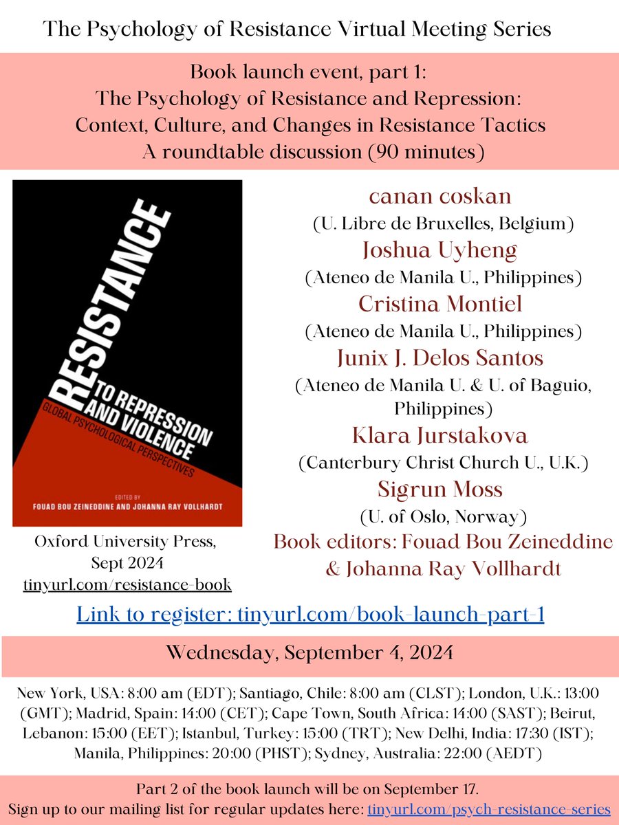Johanna Ray Vollhardt (jrvollhardt.bsky.social) (@jorayvo) on Twitter photo The Psychology of Resistance Virtual Meeting series is resuming in September, with 2 roundtables among contributors to the book "Resistance to Violence and Repression: Global Psychology Perspectives" academic.oup.com/book/57643 coming out next month. Register for Sept 4 event in 🧵! The Psychology of Resistance Virtual Meeting series is resuming in September, with 2 roundtables among contributors to the book "Resistance to Violence and Repression: Global Psychology Perspectives" academic.oup.com/book/57643 coming out next month. Register for Sept 4 event in 🧵!